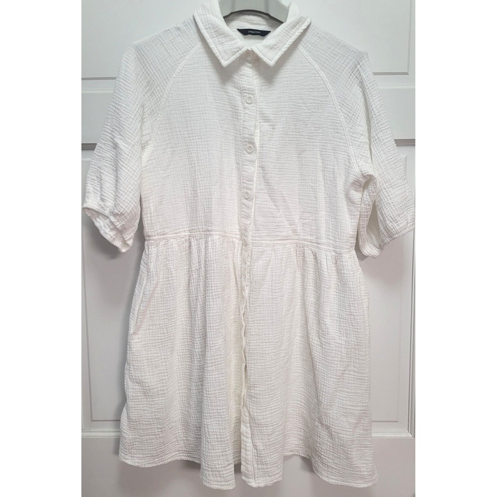Dokotoo Waffle Gauze Cotton BOHO Mini Button Down Shirt Dress - White - Large